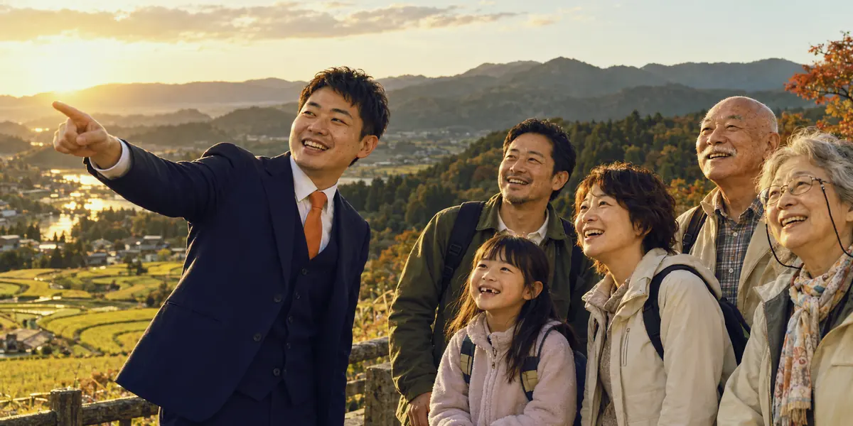 添乗員が景色を指さし、お客様が同じ方向を見ている