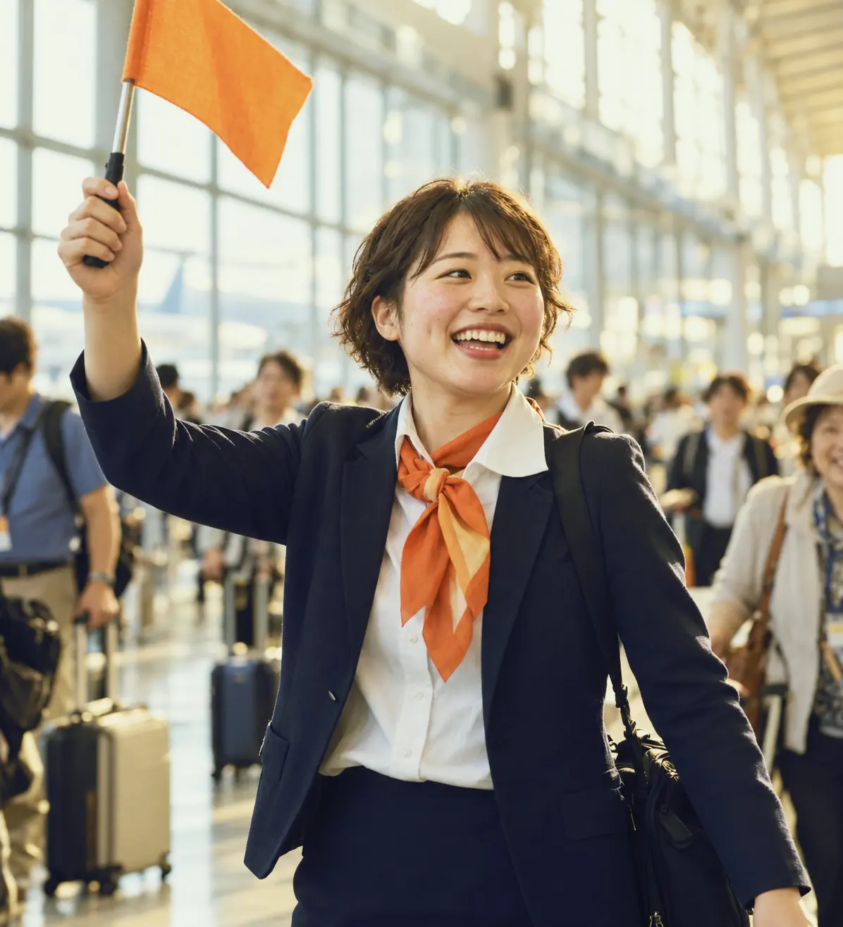 空港で旗を持つ添乗員
