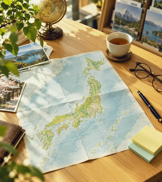 カウンターに広げた地図とペン